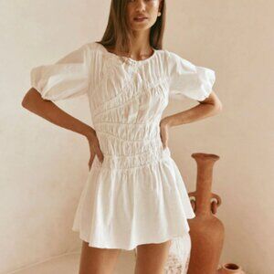 SABO White Cotton Ruched Mini Lou Dress